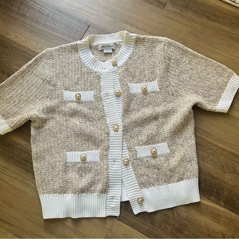 Beige and White Knit Cardigan